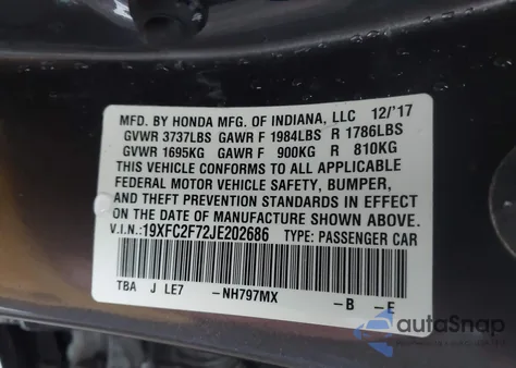 2018 Honda Civic Ex из США, поврежденный, VIN 19XFC2F72JE202686